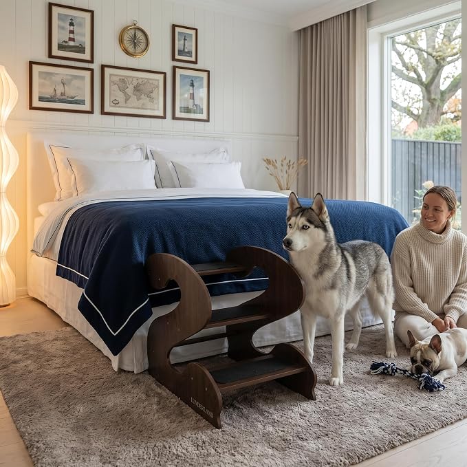 Wood Dog Stairs(16¾" W x 23¼ D x 19⅜ H, RedWalnutWood GrainPattern)