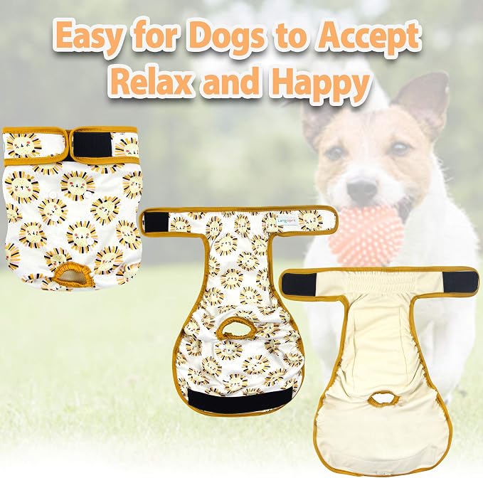 Langsprit Washable Female Dog Diapers (3 Pack) - No Leak Reusable Diapers for Doggy Female in Period - Highly Absorbent Dog Heat Panties with Adjustable Snaps (Rabbit, Owl, Lion, XX-Large)