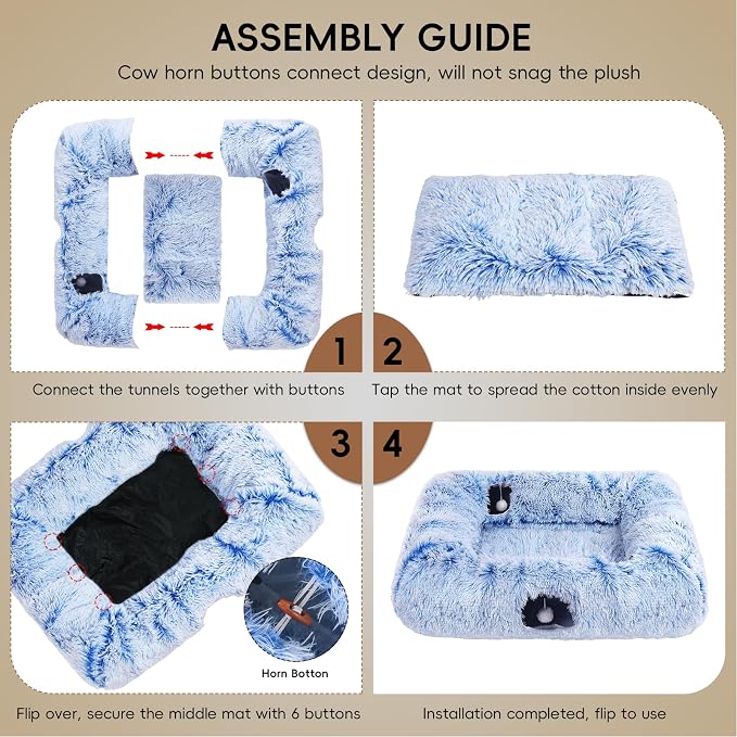 Extra Large Cat Tunnel Bed, 4 Ways Tunnels for Indoor Cats, Multi-cat Family Pet Bed & Cave, Plush Cat Donut with Washable Middle Mat, Exit Balls, Pet Play Toy for Kitten Puppy Rabbit, Blue