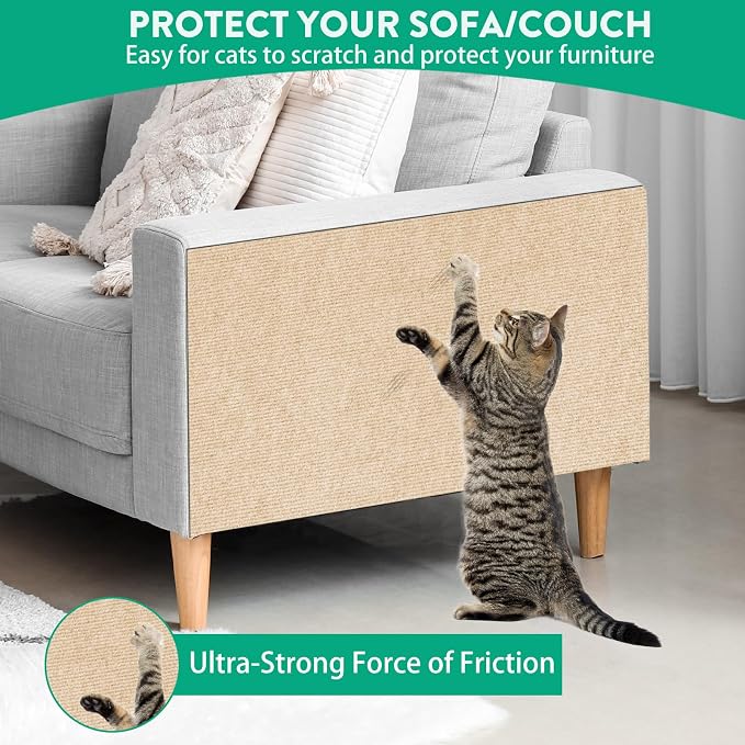 Trimmable Cat Scratcher Mat 2PCS, 78.7"x15.8" Self-Adhesive Cat Scratching Carpet Pad Replacement for Cat Tree Shelves, Steps and Posts, DIY Cat Scratch Couch Furniture Protector