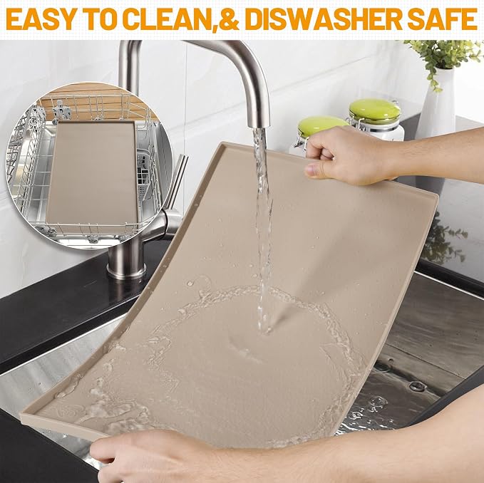 Hubulk Dog Feeding Mat,100% Waterproof Food Grade Silicone Pet Food and Water Bowl Placemat,Dishwasher, High Raised Edge to Prevent Spills,Nonslip Tray to Stop Messes on Floor(32"x24"x1.0", Taupe)