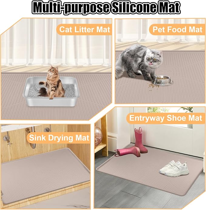 Silicone Cat Litter Mat, 45" x 30" Extra Large Litter Trapping Mat for Litter Box, Leak-Proof, Non-Slip, Kitty Litter Mats with Soft Texture for Floor, Keeping The Floor Clean (Khaki)