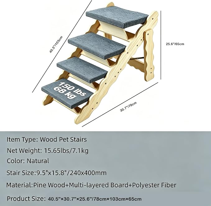 Wooden Dog Stairs, 2-in-1 Floded Flat Design Dog Steps for Beds Cars Couch, Anti-Slip Pet Ramp with 4 Steps, Indoor Pet Stairs for Small Medium Large Pet, up to 150 lbs