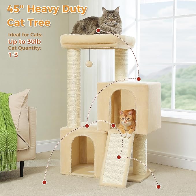 PAWZ Road Large Cat Tree, 45" Heavy Duty Cat Tower with Dual Condos, 3 Thick Full Wrapped Sisal Posts(φ4.3), Spacious Top Perch, Scratching Ramp for Large Cats,Beige