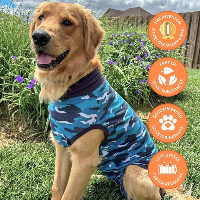 Suitical - The Original Dog Surgery Recovery Suit - Replace E-Collar & Cone - Spay, Neuter, Wounds, Prevent Licking - 2XL - Neck to Tail 31.5-36.2in - Chest 36-46in - Weight 80-120lbs, Blue Camouflage