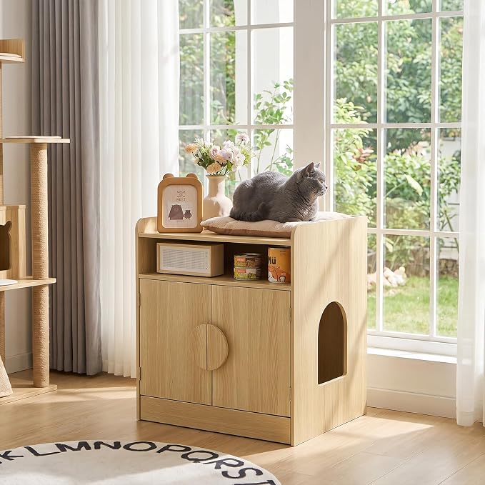 Cat Litter Box Enclosure with Pull-Out Drawer, Hidden Cat House Furniture with Storage Shelf & Cat Door, Indoor Kitty Washroom Cabinet with Litter Scoop Holder, Natural Wood