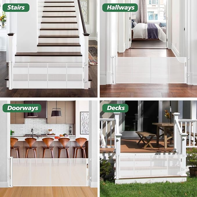 24" Tall X 80" Wide Retractable Baby Gates, Short Dog Gates to Step Over, Reinforced Mesh Pet Gate with Support Rods, Small Puppy Gates for The House, White