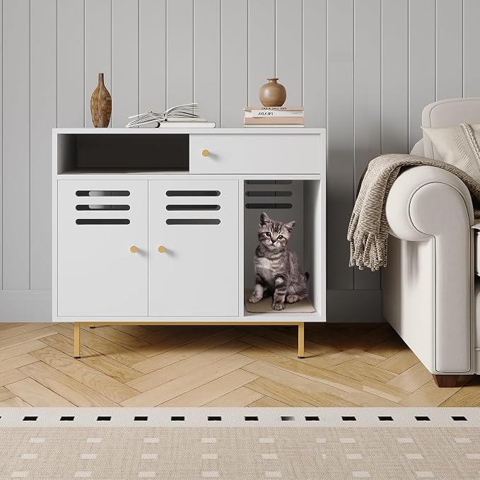 31.5 Inch Modern Cat Litter Box Enclosure Furniture with Vent Door/Side Rest Area/Drawers and Open Shelves, Hidden Litter Box for Cats,for All Kinds of Cats