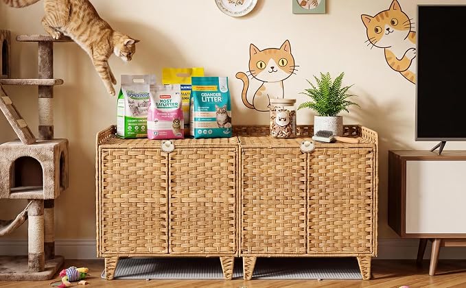 Garvee Handwoven Rattan Cat Litter Box Enclosure Furniture, Hidden Cat Washroom Cabinet with Door and Mat, Spacious Pet House with s-Hooks, for Living Room and Bedroom