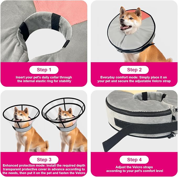 Sponge Core Dog Cat Cone Collar for After Surgery Recovery, Inflatable Dog Cone Alternative, Lainergie Dogs Donut Collar Adjustable with 2PCS Cover for Large Medium Small Dogs Cats (Grey+Pink, L)