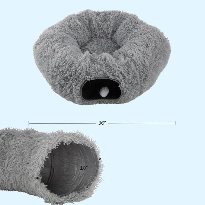 Cat Tunnel with Bed for Indoor Cats - 3FT Multifunctional Cat Tunnel Bed with Toys - Soft, Plush Peekaboo Cat Cave for Kittens, Cats, Ferrets, and Rabbits - Cat Products by PETMAKER (Gray)