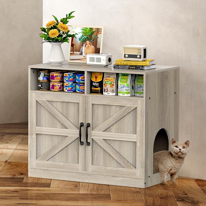 Hidden Cat Litter Cabinet Ultra-Large Wooden Enclosed Litter Box Fumiture 2-Door Storage Cabinet 2 Open Drawers 1Air Vents Cat Litter Furniture Fit Most of Litter Box.(Gray, No Drawers)