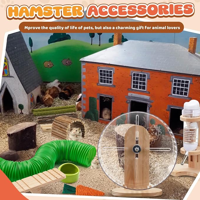 20 Pcs Hamster Toys Set, 16 Small Animal Chewing Toys, Maze Wood House, Silent Exercise Running Wheels and Water Bottle Set Feeding Bowl for Hamster Habitat Rat Cage Accessories(Green)