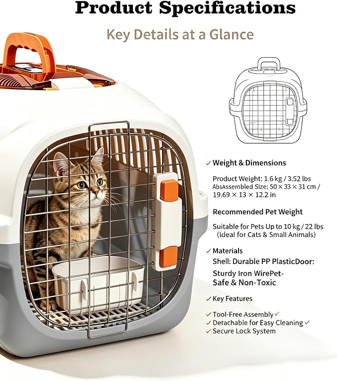 Cat Carrier Airline Approved, Portable Pet Travel Crate with Anti-Stress Design for Cats & Small Dogs, Car Safe Kennel with Top Window (Grey)