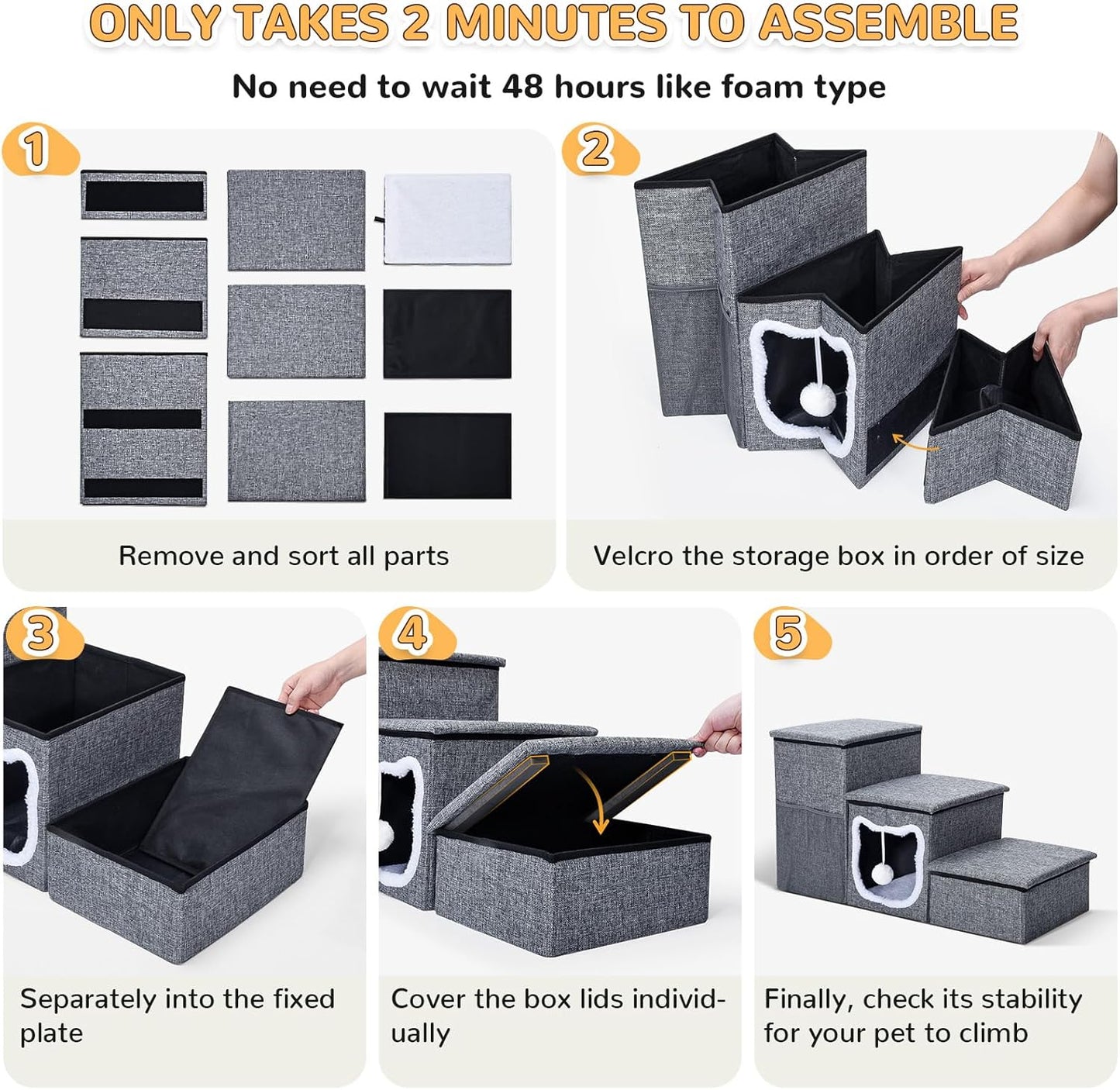 Bilibrara Dog Stairs for Small Dogs, Foldable Pet Steps for High Bed, Non-Slip 3-Step Cat Stairs with Storage, Condo and Fluffy Ball, Small Dog Indoor Ramp for Couch Window, 16'' H