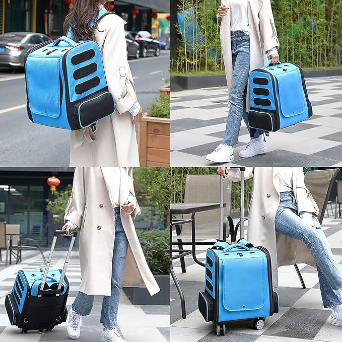 Pet Trolley Backpack,Cat Carrier with Wheels,Dog Rucksack Bag Pet Stroller,Multi-Function Rolling Carrier with Adjustable Height, Cats,Puppies Travel Bag Luggage Box with Telescopic Handle