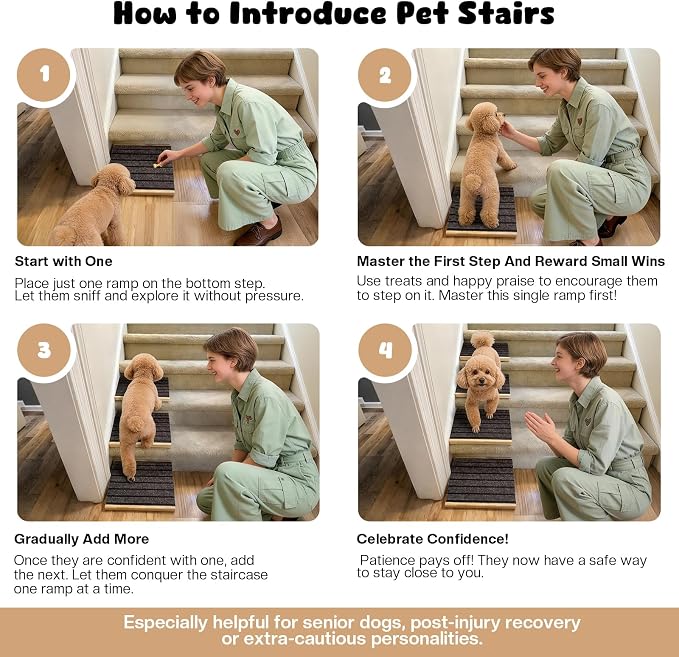 3-Pack Wooden Dog Ramp for Stairs, Anti-Slip Pet Steps for Small Dogs with Carpet Surface, Low-Angled Pet Ramps for Staircase, Steps and Stairs Assist for Injured & Aged Pets, Stairs Ramp for Dogs