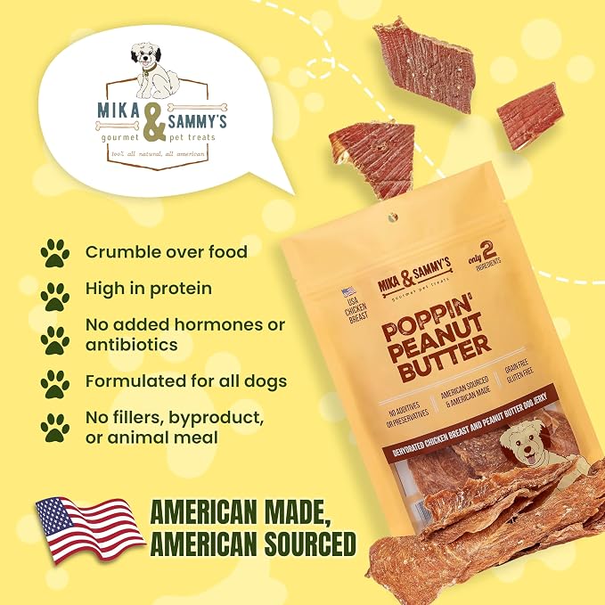 Gourmet Chicken Jerky Dog Treats -Made in USA only, Cage-Free, No Additives (Mika & Sammy's Poppin' Peanut Butter 12 oz)