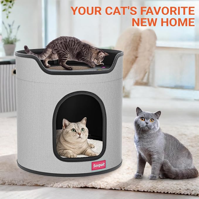 Cat House for Indoor Cats Large Double Cat Bed Cave with Cat Scratcher Pad Toys w/Catnip,Soft Washable Cushion Cat House Shelter D15xH15in Blue (Cardboard Cat Scratcher)