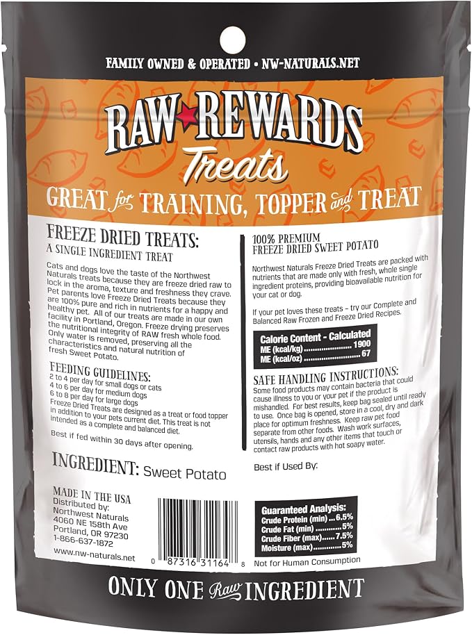 Northwest Naturals Raw Rewards Freeze-Dried Sweet Potato Treats for Dogs and Cats - Bite-Sized Pieces - Healthy, 1 Ingredient, Human Grade Ingredients, All Natural, Proudly Made in USA, 2 Oz