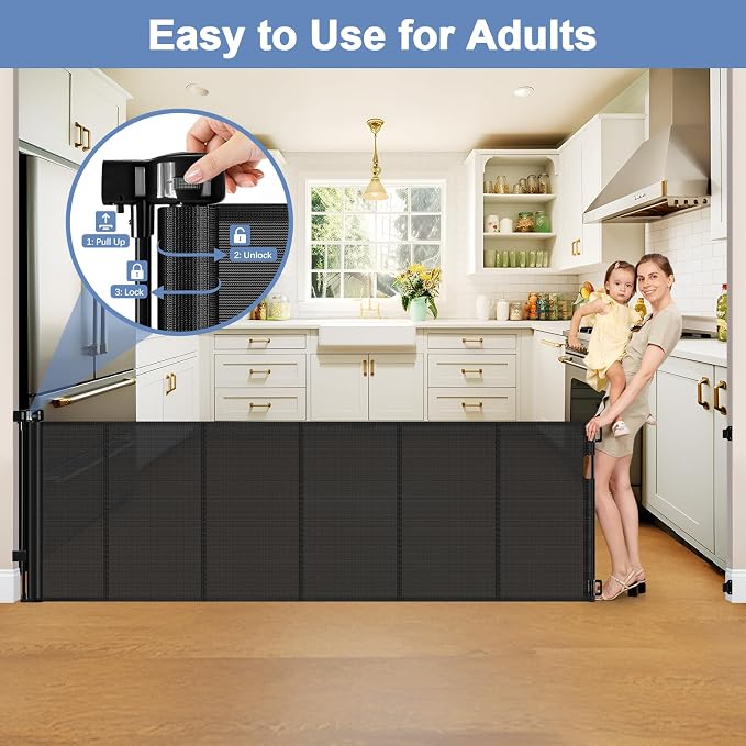 Reinforced 200 Inch Extra Wide Baby Gate Retractable Dog Gate 16.7ft Outdoor pet Gates for Wide Openings 37 Inch Tall No Sag Mesh Retractable Baby Gates for Doorways with Reinforced Strips, Black