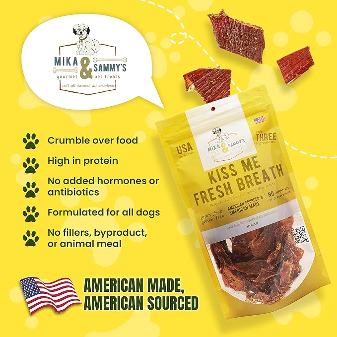 Mika & Sammy's Gourmet Chicken Jerky Dog Treats Made in USA - Kiss Me Fresh Breath - 5oz bag