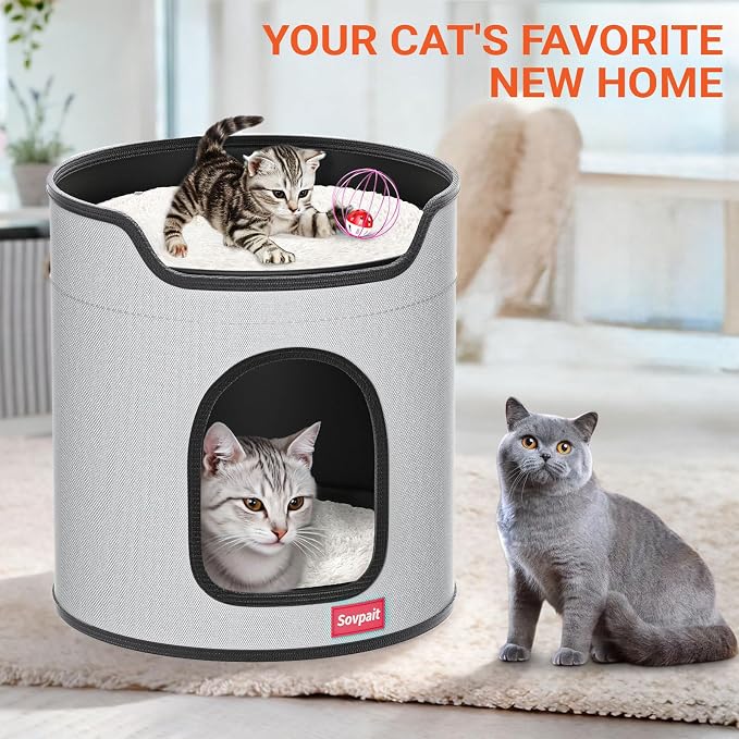 Cat House for Indoor Cats Large Double Cat Beds Cave with Cat Scratcher Pad Toys w/Catnip,Soft Washable Cushion Cat House Shelter D15xH15in Grey (Metal Cage Balls+5mm Pad)