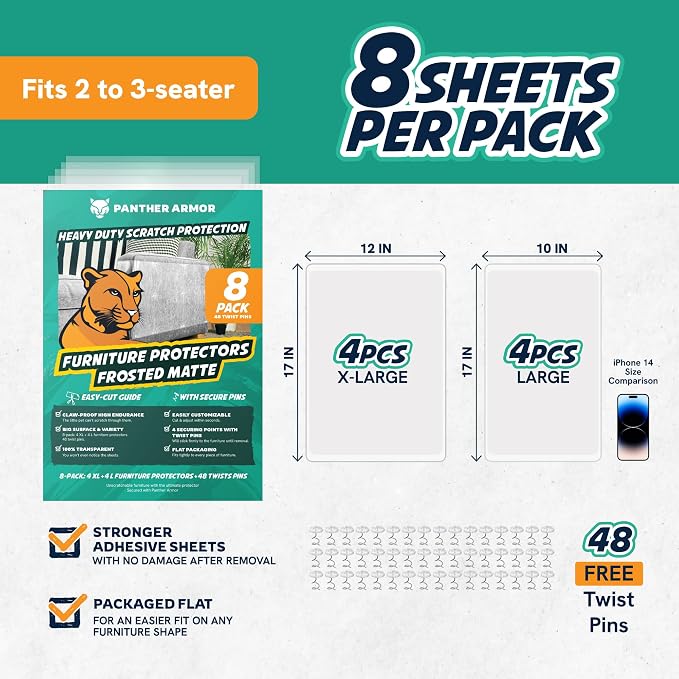 8 Pack Cat Scratch Furniture Protector Sheets – Matte Finish Couch & Sofa Guard from Cat Claws – Easy Apply, Removable, with Twist Pins (4 XL + 4 Large)