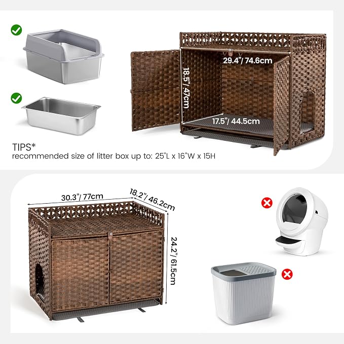Furriends Cat Litter Box Enclosure with 2 Mats, Handwoven Rattan Hidden Litter Box Furniture Large 30.3”L x 18.2”W x 24.2”H, Double as Indoor Cat House or Side Table for Living Room Hallway, Brown