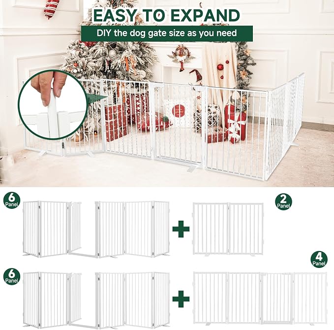 Snagle Paw Metal Freestanding Dog Gate with Door,120” W x 36” H Dog Fence with Support Feet for Doorways, Stairs and Hallways, Portable Pet Gate for Indoor Use (6 Panel, White)