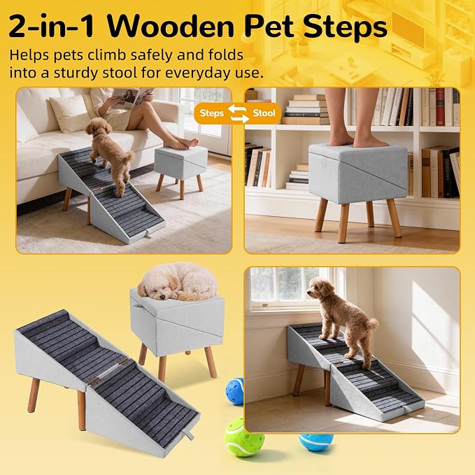 Dog ramp for Small Dogs, 2-in-1 Pet Steps & Ottoman - Foldable Dog ramp for Couch, Non-Slip Wooden Pet ramp for Puppy Senior Injured Dogs (Light Grey, XL(17.13H))