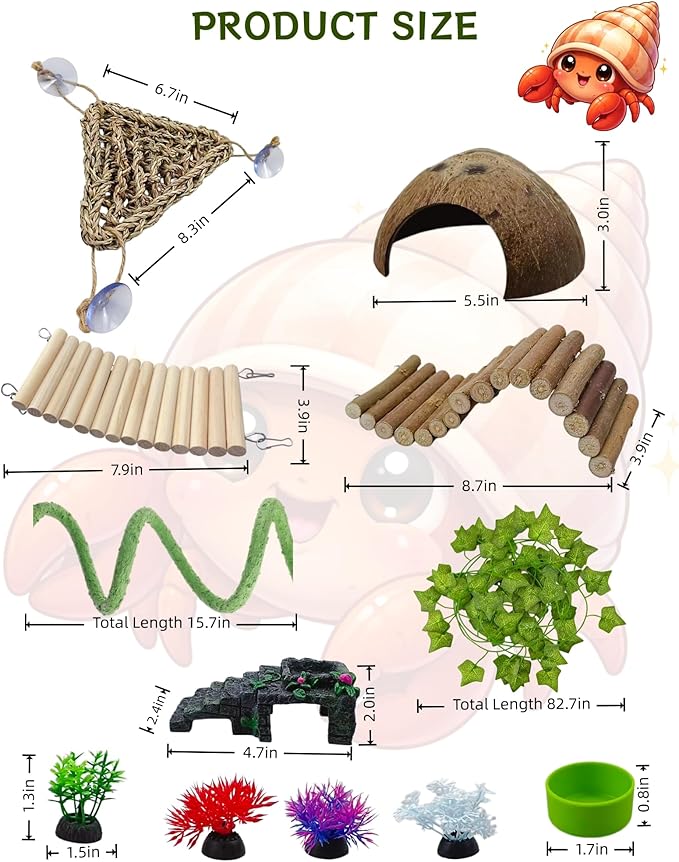 12-in-1 Hermit Crab Accessories Kit, 2026 New Kit for Bearded Dragon, Coconut Shell Hideout, Climbing Bridge, Hammock, Vines & Plants, Reptile Terrarium Decor for Gecko, Lizard, Amphibians