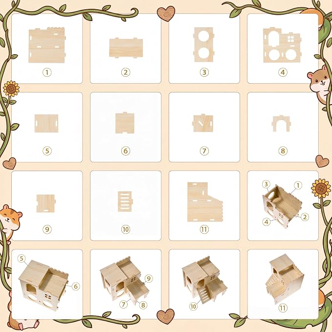 Leitee 30 Pcs Hamster Cage Accessories, Chew Toys for Guinea Pig, Chinchillas, Gerbils, Mice, Rats, Rabbit, Silent Wheel with 15 Chew Toys Set, Maze Wood House, Mouse Tunnel Tube and Sand Bath Box Set