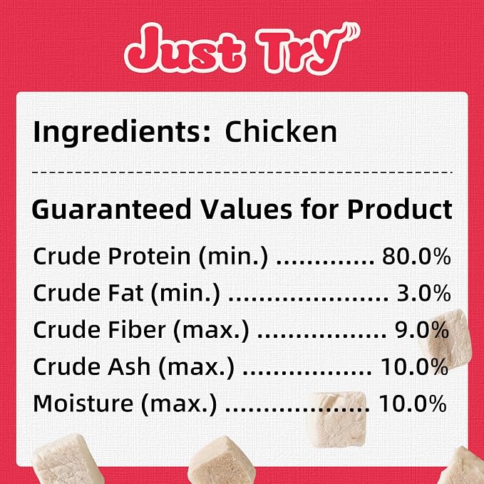 Just Try 7.05 oz Freeze Dried Chicken Cat & Dog Treats Food Topper Raw Single Ingredient High Protein Grain Free Healthy Dog Training Treats