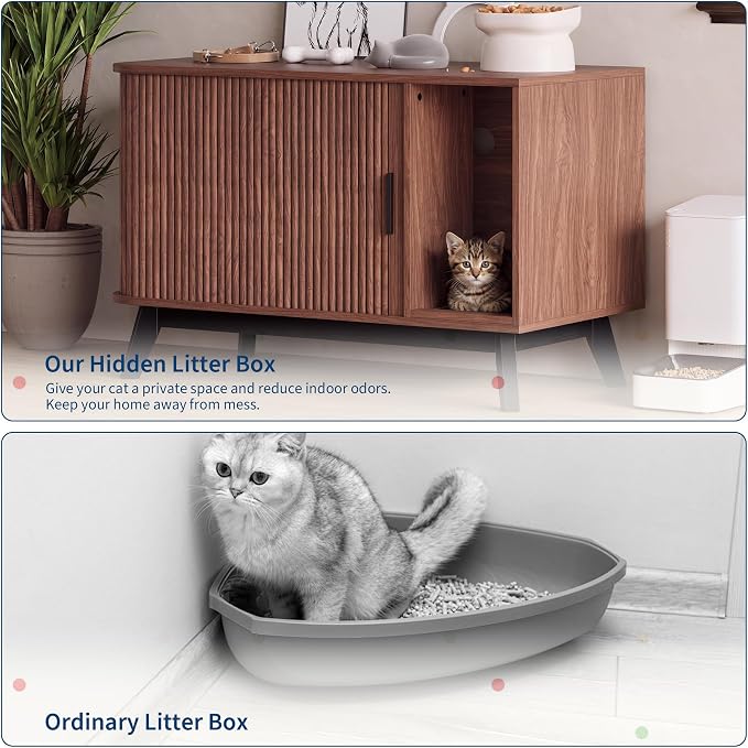 Garvee Cat Litter Box Enclosure, 39" Litter Box Enclosure Furniture Hidden Litter Box with Cat Litter Mat and Sliding Door, Modern Indoor Cat House, Side End Table for Living Room, Walnut