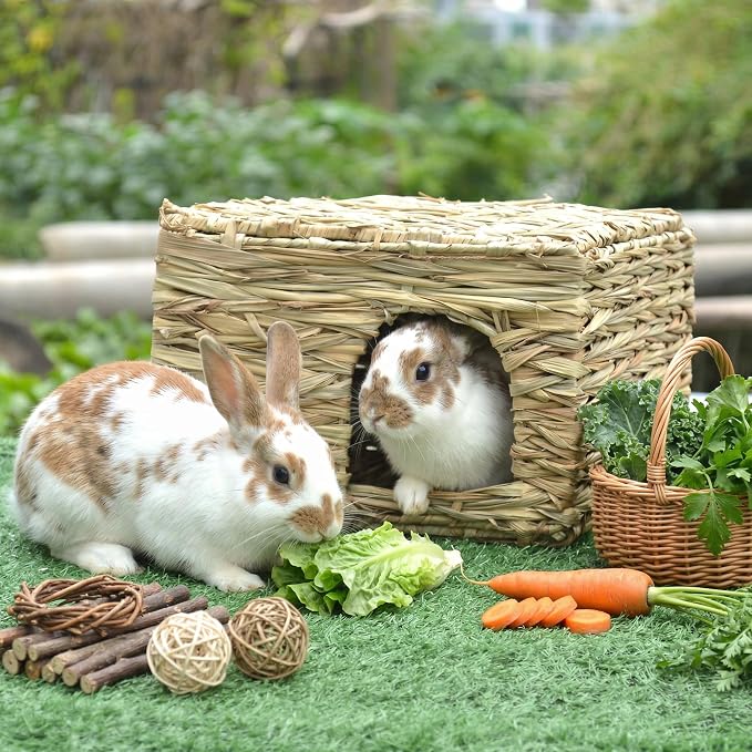 WUWEOT 2 Pack Large Grass Bunny House, Foldable Rabbit Hut, Play Hideaway Bed Hay Mat Chew Toy for Rabbit, Guinea Pigs, Gerbils, Hamster and Small Animals, 11"x8"x8"