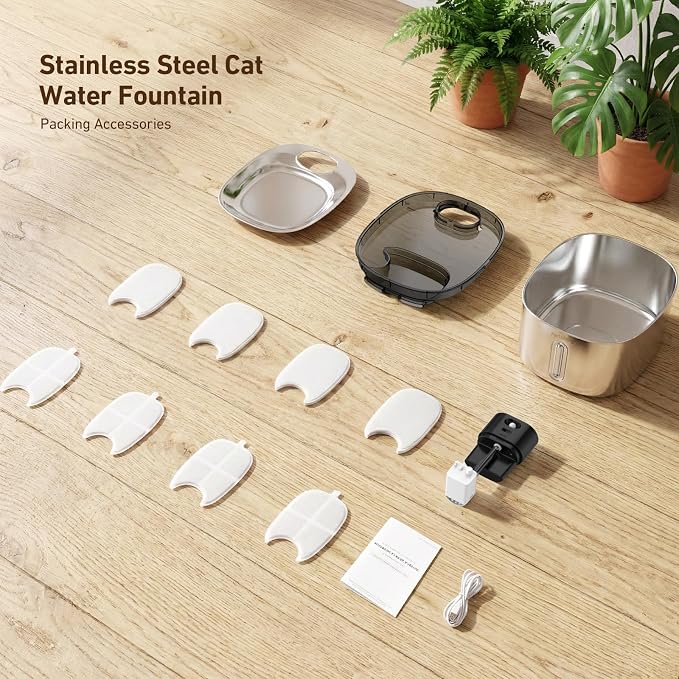 PartsBling Cordless Cat Water Fountain Stainless Steel, 4.2L/142oz Battery Operated Pet Fountain, Ultra Quiet Water Dispenser Cats&Dogs, 5000mAh Rechargeable, Easy to Clean, Includes 4 Filters, Black