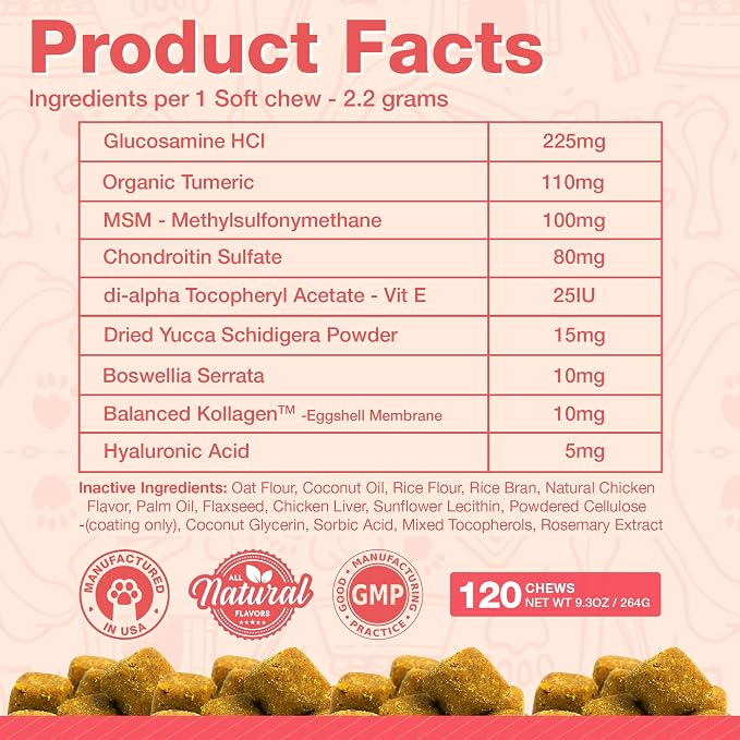 Arthritis Dog Joint Chews| Glucosamine, Chondroitin, Omega-3| MSM Support for Healthy Joints| 120ct Veterinarian Formulated Soft Chews| Up to 4-Month Supply