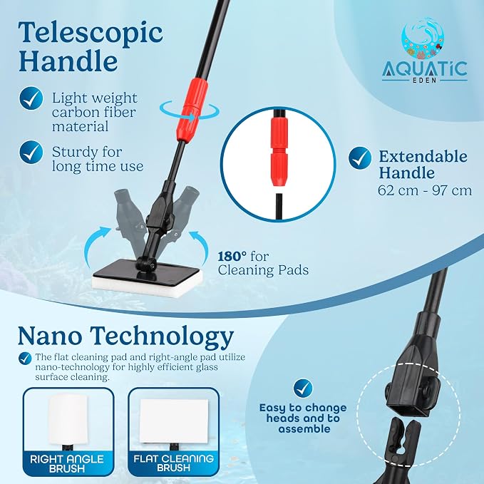 Aquarium Cleaning Tools 7 in 1 - Fish Tank Cleaning Kit with Algae Scraper, Scrubber Pad, Adjustable Telescopic Long Handle, Fish Net, Gravel Rake, Fork & Brush - Saltwater & Freshwater Tank