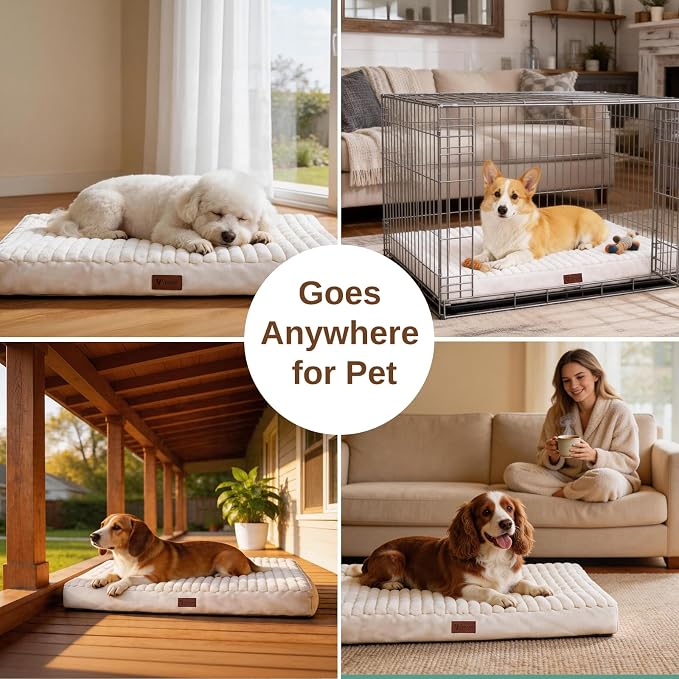 Orthopedic Dog Bed for Large Sized Dog, High-Density Egg Crate Foam, Plush Faux Rabbit Fur and Washable Removable Cover, Crate Bed with Non-Slip Base for Pets Up to 50 lbs, 35 x 22 x 3 Inch, Beige