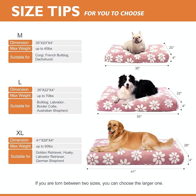 Dog Beds for Small Medium Dogs, Cute Thick Dog Bed for Crate Kennel, Fluffy Pet Bed with Removable Washable Cover and Anti-Slip Bottom, 30"x 20", Pink Flower