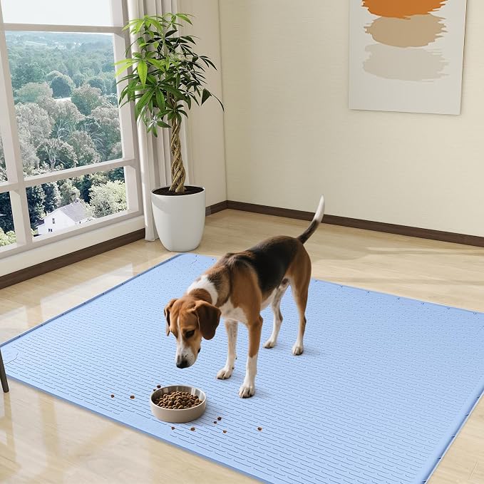 Dog Food Mat, Extra Large 50" x 35" Silicone Pet Feeding Mat with Raised Edge Pet Placemat for Small, Medium, and Large Pets Non-Slip, Easy to Clean (Blue)