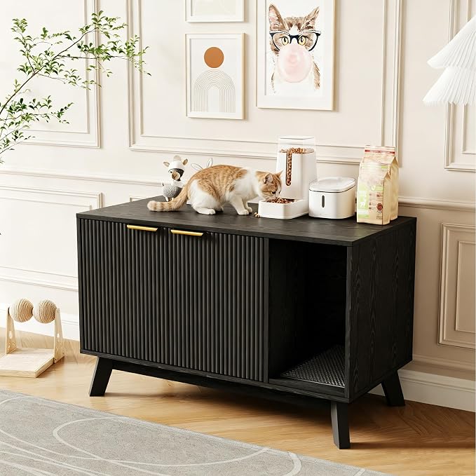 Garvee Cat Litter Box Enclosure, 39" Litter Box Enclosure Furniture Hidden Litter Box with Cat Litter Mat and Ventilated Holes, Modern Indoor Cat House, Side End Table for Living Room, Black