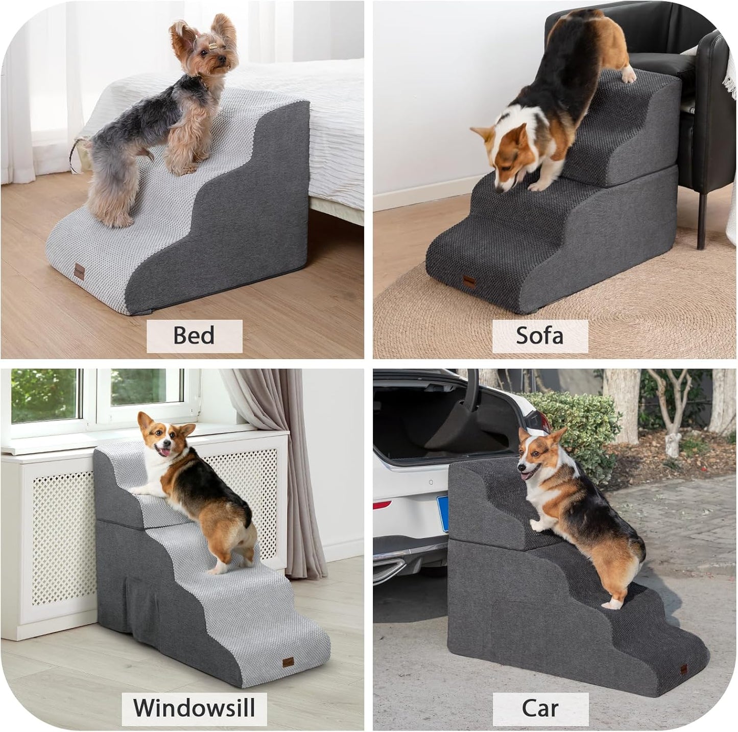 Dog Stairs for High Beds with Tunnel, 4-Step Dog Steps for Small Dogs and Cats, Foldable Pet Stairs for High Bed Climbing, Non-Slip Balanced Pet Step Indoor, Beige