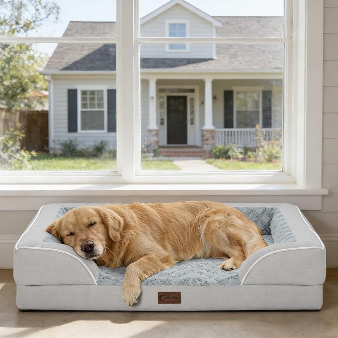 Orthopedic Dog Beds for Extra Large Sized Dogs 42x30 Inch, XL Waterproof Egg Crate Foam Dog Sofa Bed with Removable Washable Cover Big Pet Couch with Bolster & Non-Slip Bottom, Light Grey