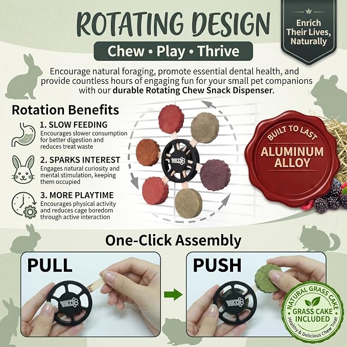 YKD Chinchilla Chew Toys, Rotating Spinner Guinea Pig Toys + 12 Pcs Timothy Hay Rabbit Chew for Teeth Grind & Digestion, Rust-Proof Aluminum Toy, for Rabbit, Bunny, Chinchilla, Hamster Dental Health