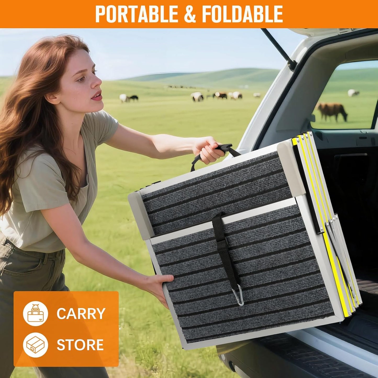 Reflective 20" Wide Dog Car Ramp, 4-Step Aluminum Stairs with Non-Slip Carpet - Foldable Design for Trucks/SUVs/Beds - Heavy Duty 200Lbs Capacity for Large Breeds