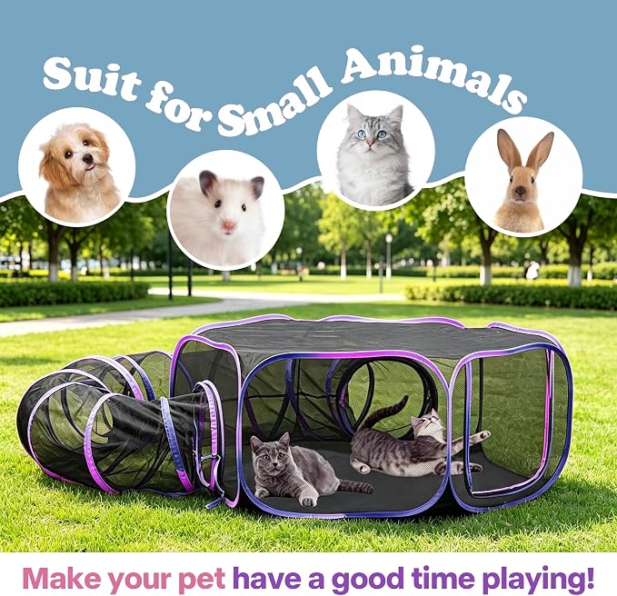PAWISE Outdoor Cat Enclosure, 2-in-1 Portable Catio with Cat Tent and Tunnel, Pop Up Cat Playpen for Indoor Outdoor Cats and Small Animals, with Storage Bag