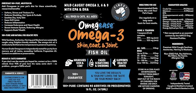 100% Pure Fish Oil for Dogs & Cats (1,545mg Omega 3 per Teaspoon) 16oz. Loaded with EPA & DHA for Joints, Skin & Coat, Itching, Heart & Immune Health. Stronger Than Salmon Oil. Unflavored Omegease.