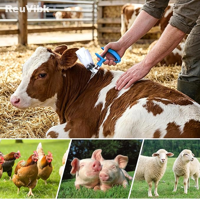 5ML Livestock Syringe Gun, Automatic Self Refill Injection Gun Continuous Adjustable Bottle Attachment Livestock Animal Syringe with 10 Needles, for Chicken, Duck, Pig, Sheep, Cow Poultry (Blue)